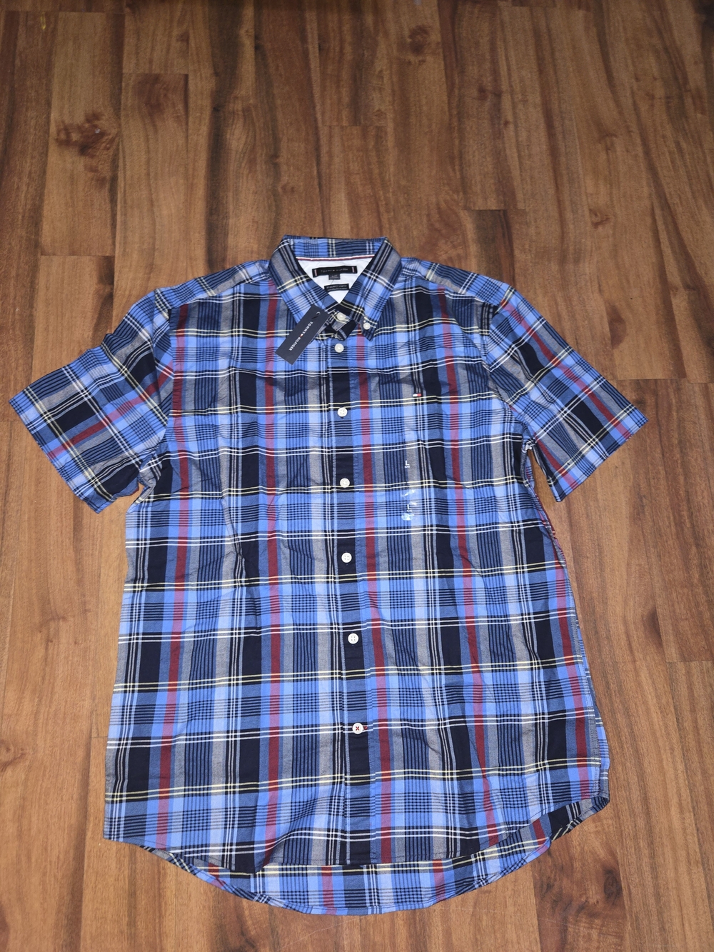 Tommy Hilfiger Blue  Black Plaid Short-Sleeve Button-Down Shirt Nwt Sz Large Men